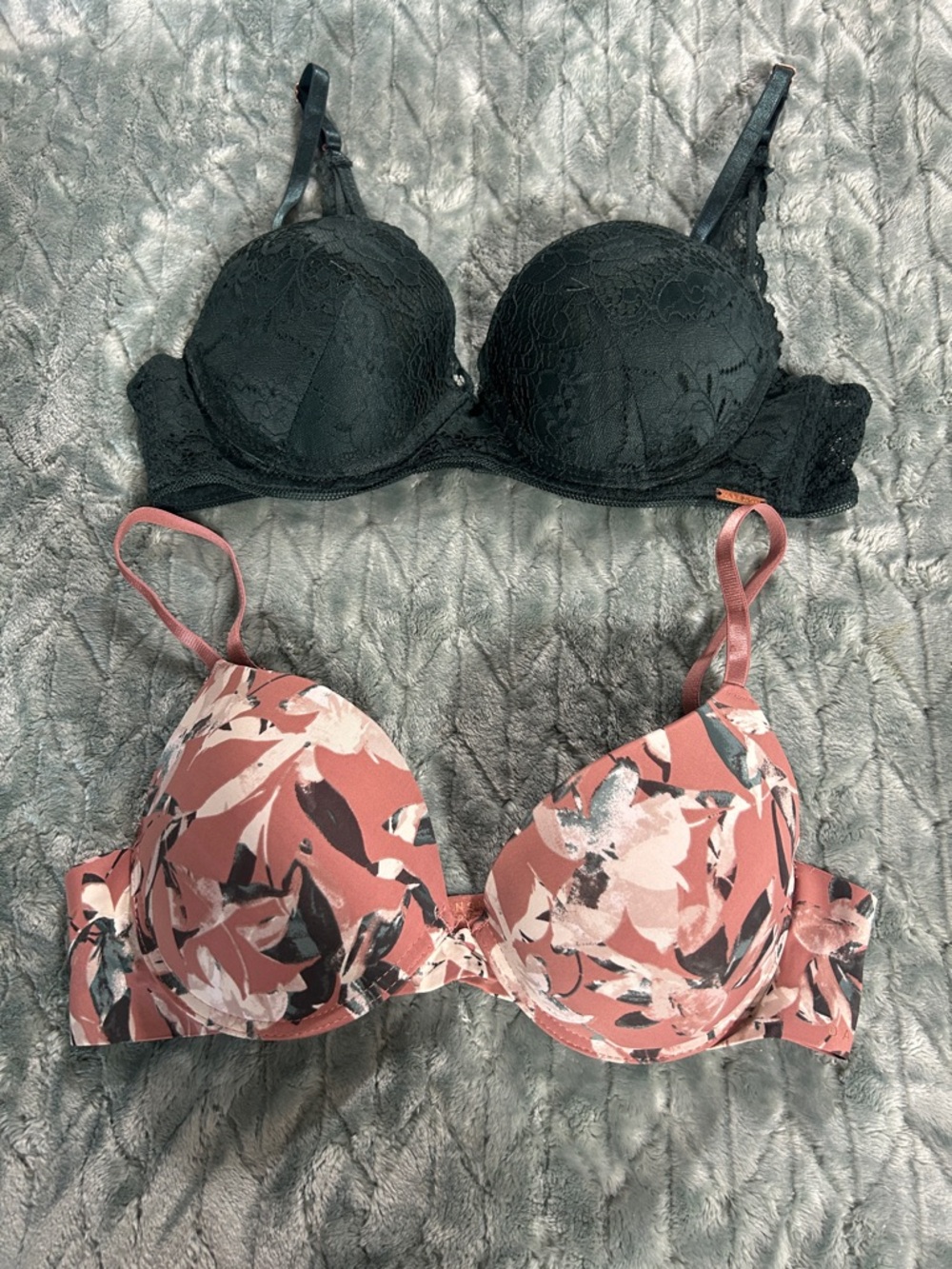 Lace Dark Green Push-Up Bra & Rose Floral T-Shirt Bra - Women's Intimates Set